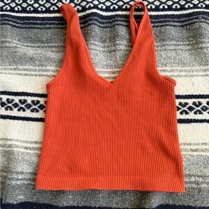 Ribbed V-Neck Orange Tank Top One Size